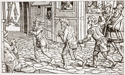 Xilogravura contemporânea, mostrando um vagabundo sendo chicoteado pelas ruas de uma cidade