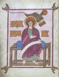 Cott Nero DIV f.209v São João com o seu símbolo, dos Evangelhos de Lindisfarne, 710-721 (vellum)