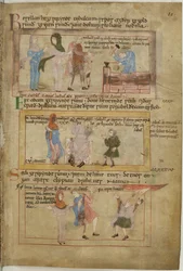 Cotton Claudius B IV fol.10 Lamech e suas duas esposas e seu filho, Tubalcain, o ferreiro, no trabalho (velino)