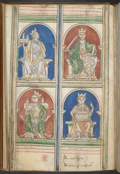 Algodão Claudius D VI f.9v Quatro Reis de Inglaterra: Henrique II, Ricardo I, João e Henrique III de Os Reis de Inglaterra de Brutus a Henrique III, de Mateus Paris, c.1250-59 (vellum)