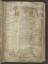 Algodão Julius A. VI, f.5, página do calendário de Maio: Pastores e rebanho (vellum)