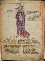 Algodão Júlio E. IV, f.7 Desenho de Eduardo III, com breve relato do seu reinado, e linhas de "versos sobre os reis de Inglaterra de Guilherme I a Henrique VI", depois de 1431 (vellum)