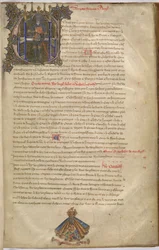 Algodão Nero D. VI f.4 "E" inicial iluminado, representando Eduardo III, Rei de Inglaterra