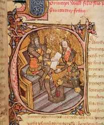 Cotton Nero D VI fol.31 Eduardo III concede ao Príncipe Negro o principado da Aquitânia