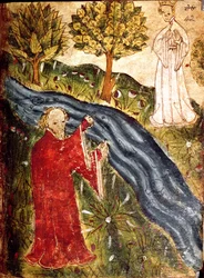 Cotton Nero Ms A X, f. 42 The Dreamer with the Pearl Maiden, c.1375-1400 (vellum)