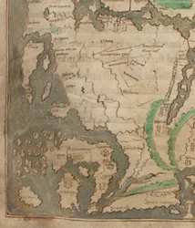 Cotton Tiberius B.V, Parte 1, f.56v O Mapa de Tiberius, Mappa Mundi, detalhe da Europa Ocidental e Ilhas Britânicas (velino)