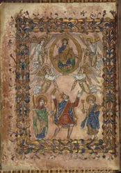 Algodão Vespasiano A. VIII, f.2v Edgar oferece carta a Cristo, ilustração de 