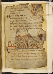 Cotton Vitellius A. XV, fól. 105, uma videira de ouro; três pessoas a conversar, representando um povo bondoso que governa o mar Vermelho, onde se encontram as melhores pérolas, ilustração de Beowulf, do «Códice Nowell»