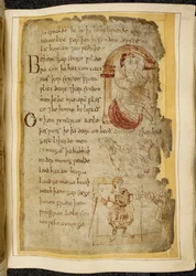 Cotton Vitellius A. XV f.106r, Um homem sentado numa almofada sob um arco; dois catini, bestas de boca aberta como cães; um homem vestido com um bastão, estendendo a mão para outro homem, ilustração de Beowulf, do 