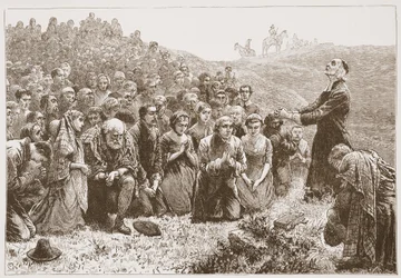 Covenanters adorando pelas margens do Whitadder, ilustração de The History of Protestantism por James Aitken Wylie (1808-1890), pub. 1878