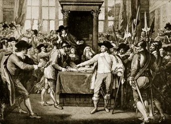 Cromwell dissolve o longo Parlamento, 1653, ilustração de Hutchinsons História da nação britânica, c.1923