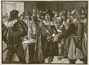 Cromwell dissolver o longo Parlamento, ilustração da história ilustrada de Cassells da Inglaterra (foto sépia)