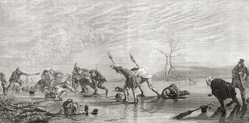 Curling no século 19, de "Fotos escocesas desenhadas com caneta e lápis", de Samuel G. Green, publicado em 1886 (lito)