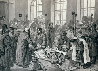 Oficiais da alfândega Examinando a bagagem de passageiros da Alemanha, em Wirballen, na fronteira russa, de "The Illustrated London News", 29 de janeiro de 1887