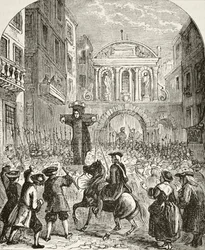 Daniel Defoe no pelourinho em Temple Bar, de «A História Nacional e Doméstica de Inglaterra», de William Hickman Smith Aubrey (1858-1916), publicado em Londres, c. 1890