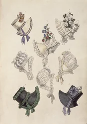 Chapéus de dia, gravura de moda de Ackermanns Repository of Arts