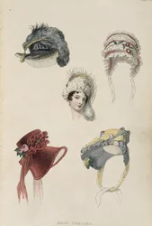 Chapéus de dia, gravura de moda de Ackermanns Repository of Arts