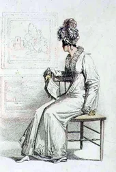 Vestido de dia, placa de moda do Repositório de Artes de Ackermann (gravura colorida)