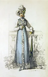 Vestido de dia, placa de moda do Repositório de Artes de Ackermann (gravura colorida)