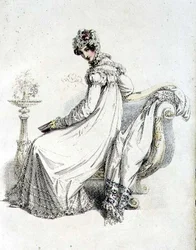 Vestido de dia, placa de moda do Repositório de Artes de Ackermann (gravura colorida)