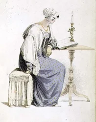 Vestido de dia, placa de moda do Repositório de Artes de Ackermann (gravura colorida)
