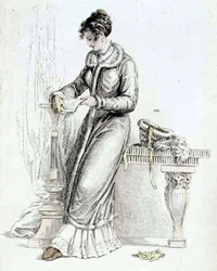 Vestido de dia, placa de moda do Repositório de Artes de Ackermann (gravura colorida)