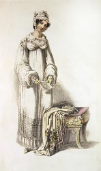 Vestido de dia, placa de moda do Repositório de Artes de Ackermann (gravura colorida)