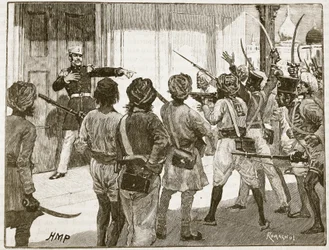 De Kantzow defendendo o Tesouro em Mynpooree, ilustração da história ilustrada de Cassells da Inglaterra (foto sépia)