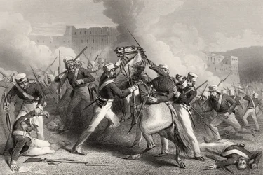 Morte do brigadeiro Adrian Hope no ataque ao Forte de Roodmow, em 15 de abril de 1858, de "A história do motim indiano" publicado em 1858