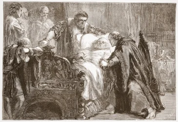 Morte de Frederico, o Sábio, Eleitor da Saxônia, ilustração da História do Protestantismo por James Aitken Wylie (1808-1890), pub. 1878