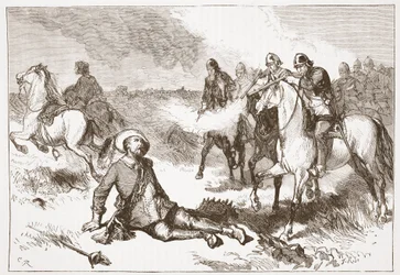 Morte de Gustavus Adolphus, ilustração da história do protestantismo por James Aitken Wylie (1808-1890), bar. 1878