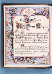 Dedicação de um discurso apresentado pela Sheffield Football Association a William Pierce-Dix na ocasião de sua aposentadoria como Secretário, 1882 (tinta no papel) (ver também 315163)