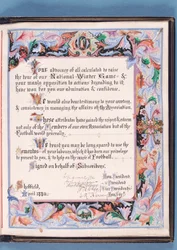 Dedicação de um discurso apresentado pela Sheffield Football Association a William Pierce-Dix na ocasião de sua aposentadoria como Secretário, 1882 (tinta no papel) (ver também 315162)