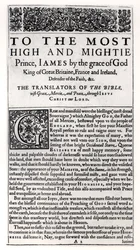 Página de dedicação na Bíblia Sagrada, pub. por Robert Barker, 1611