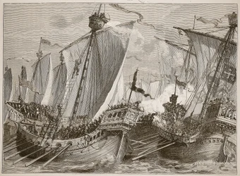 Derrota da frota francesa no Canal da Mancha, ilustração de Cassells Illustrated History of England (foto em sépia)