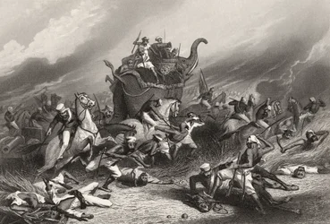 Derrota do exército Peishwas antes de Jhansi pelo General Rose em 1º de abril de 1858, de "A História do Motim Indiano", publicada em 1858