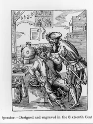 Operador Odontológico, ilustração de &39;Ciência e Literatura na Idade Média e Renascença&39;, escrita e gravada por Paul Lacroix, 1878 (gravura) (foto bw)
