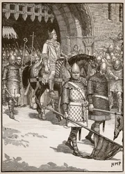Partida do Bispo Odo de Rochester, ilustração da História Ilustrada de Cassells da Inglaterra (foto sépia)