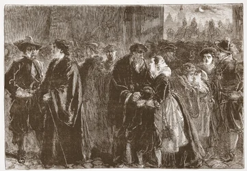 Partida dos ministros banidos de Kuttenberg, ilustração de A História do Protestantismo por James Aitken Wylie (1808-1890), pub. 1878