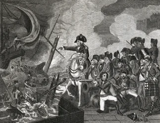 Destruição dos Barcos a Armas Antes de Gibraltar, gravada por H.Cook, 1816