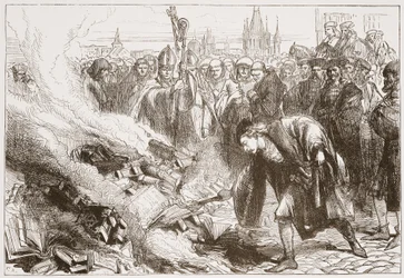 Destruição das obras de Wicliffe em Praga, ilustração da História do Protestantismo por James Aitken Wylie (1808-1890), pub. 1878