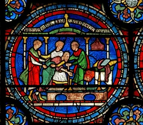 Detalhe da janela do milagre que descreve Robert de Cricklade na tumba