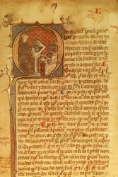 Detalhe de uma carta ornamental em um manuscrito do século XIV. Duns Scotus ensinando seus alunos