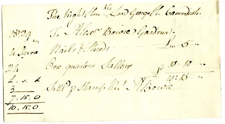 Devonshire MSS AS 3101, fólio de um maço de notas liquidadas por Pinder Simpson para Lord George Cavendish, incluindo a nota de Alexander Bowie