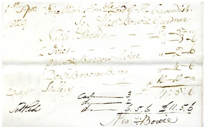 Devonshire MSS AS 3101, fólio de um maço de notas liquidadas por Pinder Simpson para Lord George Cavendish, incluindo a nota de Alexander Bowie