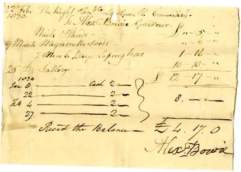 Devonshire MSS AS 3101, fólio de um maço de notas liquidadas por Pinder Simpson para Lord George Cavendish, incluindo a nota de Alexander Bowie