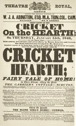 Dickens playbill: The Cricket no Hearth no Theatre Royal, Derby, 15 de janeiro de 1846