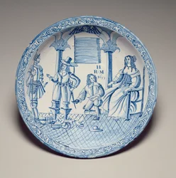 Prato com a Rainha Catarina sentada com um sapato montado por um Cavalier ajoelhado, 1677 (louça de barro de latão estanho)