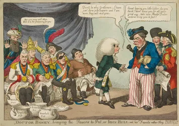 Doutor Boney_trazendo os poderes ao pote..., gravura colorida à mão de 1808.