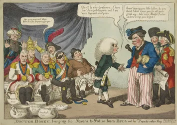 Doctor Boney_bringinging the Powers to Pot, ou John Bull e seus amigos bastante tímidos, pub. 1808 (gravura colorida à mão)